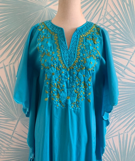 Vintage Embroidered Turquoise Mexican Caftan, Boh… - image 2