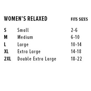 May include: Size chart for women's clothing showing the corresponding US women's size for each size designation: S (Small), M (Medium), L (Large), XL (Extra Large), and 2XL (Double Extra Large).