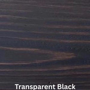 May include: Close-up of a wood grain pattern with a transparent black finish. The wood grain has a dark, almost black color with lighter brown streaks running horizontally across the surface. The text "Transparent Black" is at the bottom.