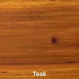 May include: Close-up of a teak wood grain pattern. The wood has a warm, reddish-brown color with visible grain lines and a knot. The word "Teak" is displayed in white at the bottom of the image.
