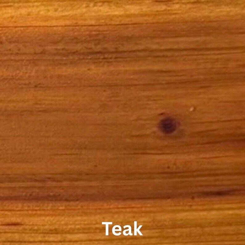 May include: Close-up of a teak wood grain pattern. The wood has a warm, reddish-brown color with visible grain lines and a knot. The word "Teak" is displayed in white at the bottom of the image.