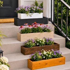 May include: A collection of rectangular wooden planters filled with vibrant flowers, arranged on outdoor steps. The planters are in various colors, including white, black, natural wood, dark brown, and orange. The flowers include purple, pink, and white blooms.