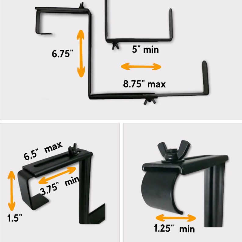 May include: Black metal shelf brackets with adjustable width. The brackets can be adjusted to fit shelves between 5 and 8.75 inches wide, and 1.5 to 6.5 inches deep. The brackets are designed to be mounted to a wall or other surface.