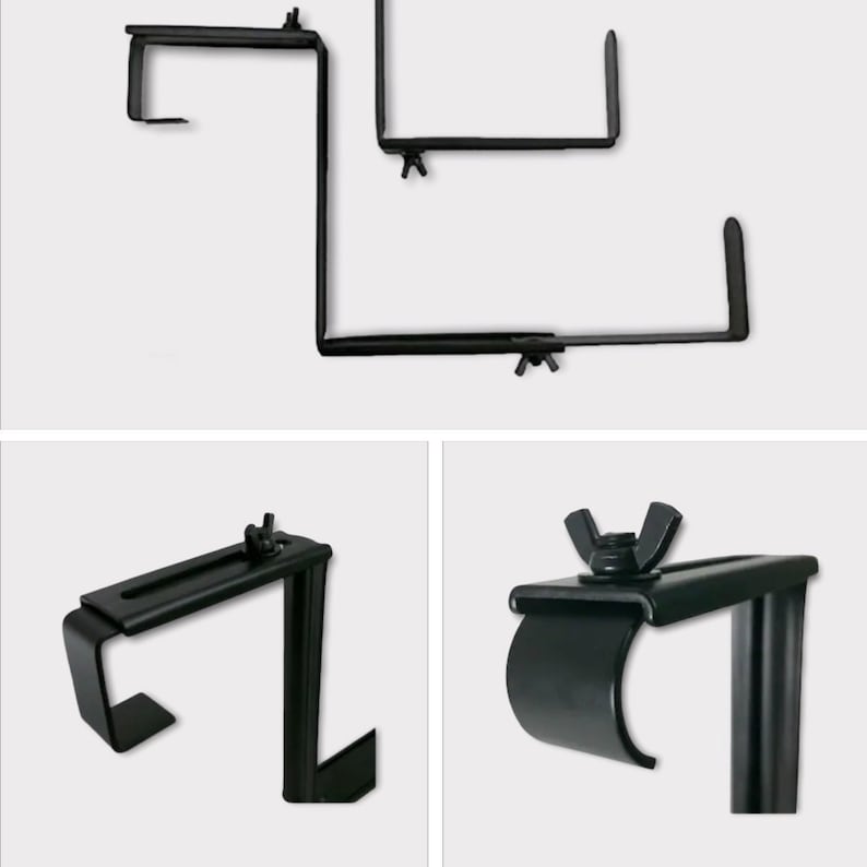May include: Three black metal shelf brackets with adjustable brackets. The brackets are designed to be mounted to a wall or other surface and can be used to support shelves.