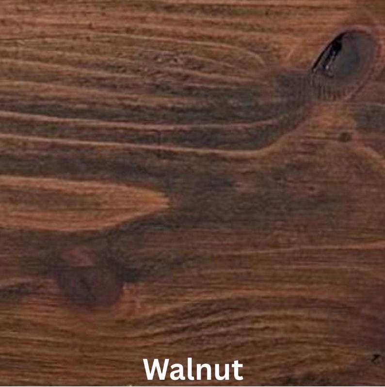 May include: Close-up of a stained wood surface with a rich, dark brown color. The wood grain is visible, with a knot and swirling patterns. The word "Walnut" is printed in white at the bottom of the image.