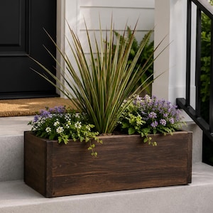 May include: A rectangular, dark stained wooden planter box filled with various plants and flowers. The box sits on a concrete step, with a black door and railing in the background. The plants include tall, spiky green and brown leaves, and small purple and white flowers.