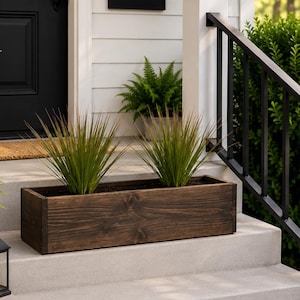 May include: A rectangular, dark stained wooden planter box filled with two ornamental grass plants. The planter sits on a concrete step, with a black door and white siding in the background. The plants have long, thin, green blades.