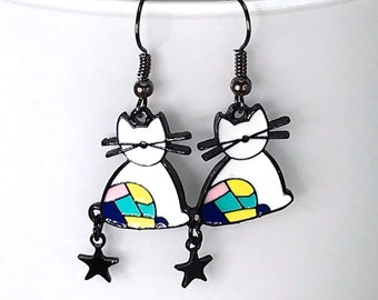 CAT STAR EARRINGS enamel white gunmetal kitsch kawaii