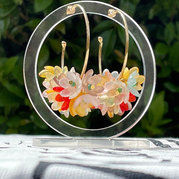 LUCITE FLOWER EARRINGS hoops resin rainbow gold plated kawaii floral gift for her acrylic summer spring flowers bridal bridesmaid Czech