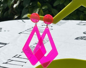 NEON PERSPEX EARRINGS cool triangle laser cut several colours pink yellow orange purple blue kawaii fun cute quirky unusual unique