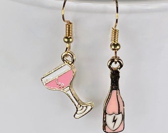 CHAMPAGNE GLASS EARRINGS bottle and glass enamel mismatched