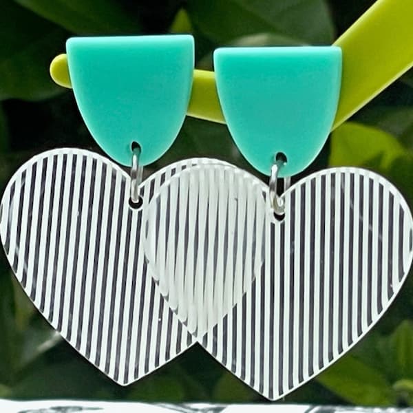 RETRO HEART EARRINGS laser cut perspex neon several colours striped blue mint green white mustard vintage look gift for her
