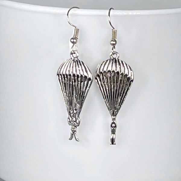 PARACHUTE EARRINGS mismatched silver plated alloy pierced gift for her kawaii cool goth punk