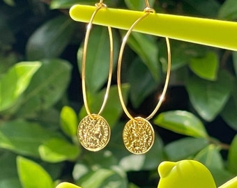 GOLD COIN HOOPS retro gold plated seventies disco gift for her lever back 30mm hoops cool