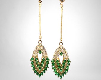 GREEN CRYSTAL EARRINGS art deco emerald drop bar marquise chandelier gift for her pushback post pierced gold plated