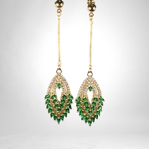 GREEN CRYSTAL EARRINGS art deco emerald drop bar marquise chandelier gift for her pushback post pierced gold plated