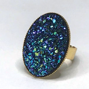 BLUE GLITTER RING gold plated adjustable base midnight navy disco cocktail statement cabochon 18 x 25 mm