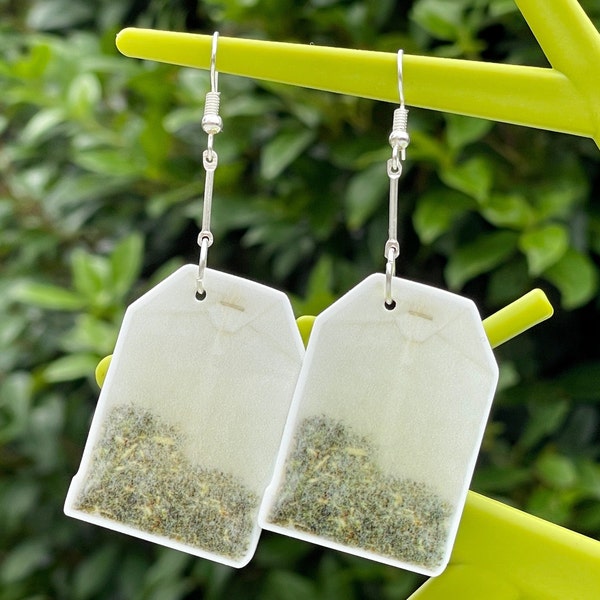 FUN TEA BAG boucles d’oreilles flatback planaire résine photographie réaliste kawaii cool funky cadeau pour elle