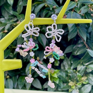 BEADED BUTTERFLY EARRINGS kawaii cute quirky gift for her crystal pushback posts floral bridal gift for bridesmaid bride white pink