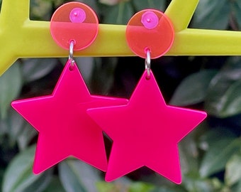 NEON STAR EARRINGS cute lucite kawaii pink gift for her festival disco cool y2k 90's