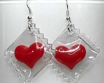 KAWAII HEART EARRINGS resin heart in a bag Valentine's day