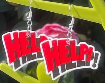 HELP! EARRINGS red acrylic word earrings gift for her kawaii groovy seventies unique comicon fandom comic strip cartoon