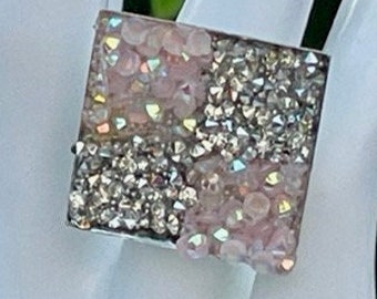 SQUARE CRYSTAL RING silver plated chequered 25 mm blush pink silver adjustable fits all sizes statement cocktail glitter bling cool disco