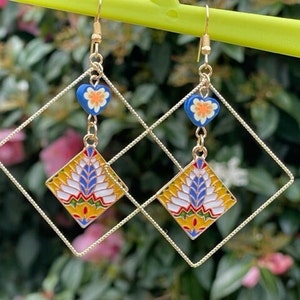 AZTEC HOOP EARRINGS square gold polymer cool cute heart earrings enamel retro vintage look