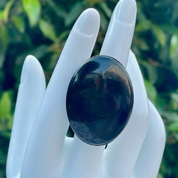 BLACK STATEMENT RING resin chrome base adjustable fits all sizes Extra large cabochon 30 x 40 mm
