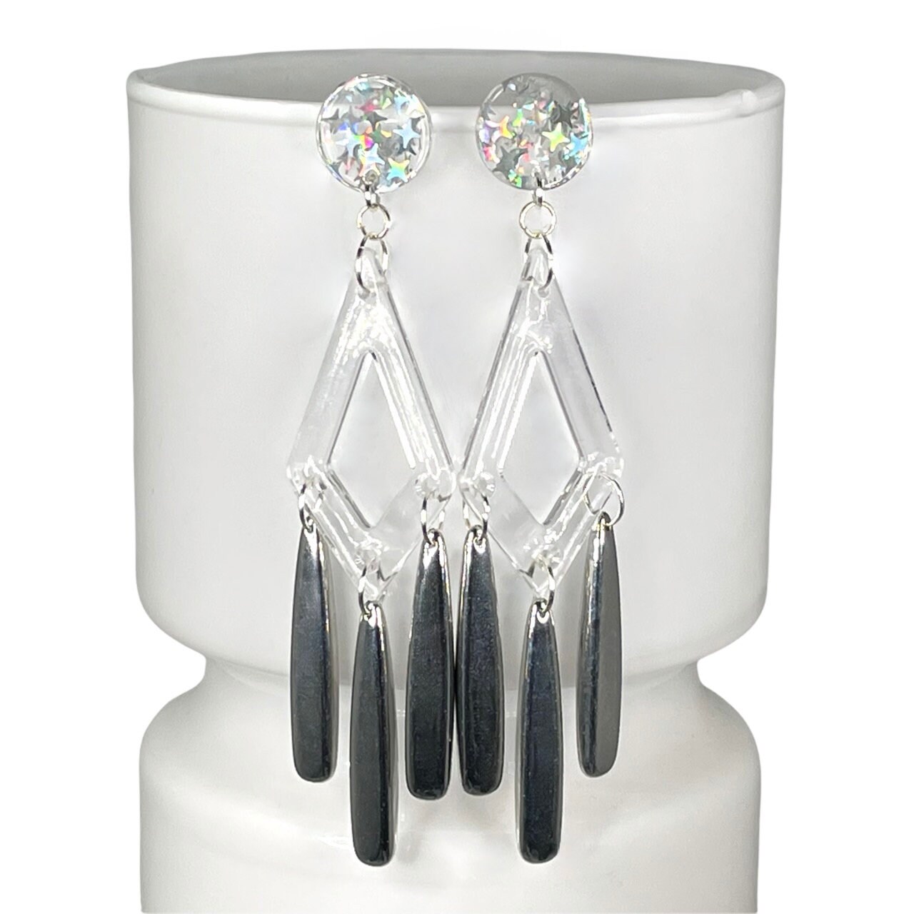 BOUCLES D'OREILLES LUSTRE EN RÉSINE art déco chrome clair holographique déclaration disco cadeau futuriste pour elle boucles d'oreilles cool franges gland pendant