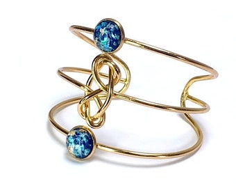 GOLD BRACELET bangle cuff gold plated blue foil acrylic cabochons adjustable celtic look stunning Art Nouveau