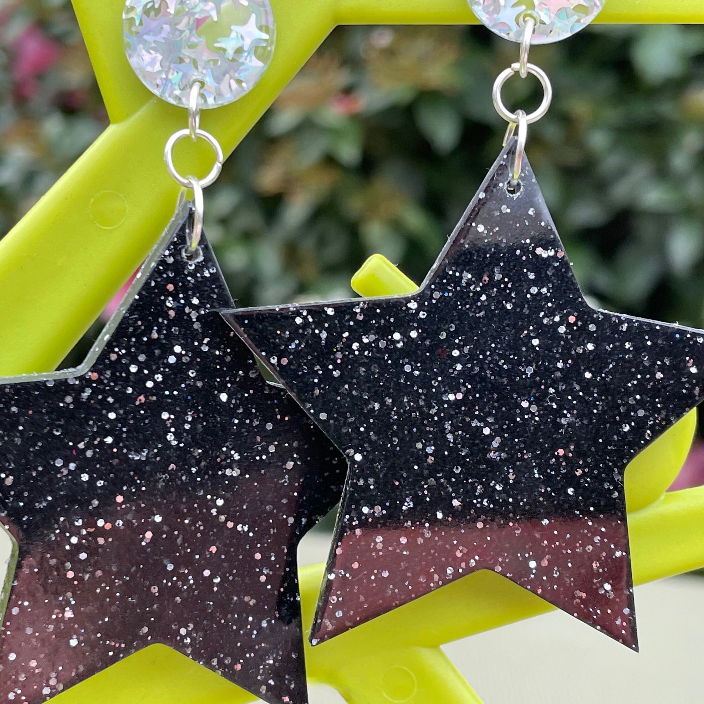 ☆関税込☆VINTAGE HOLLYWOOD★Sparkle Star Earrings★ Black Vintage Starburst Earrings, Rockabilly Mid Century