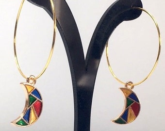 RAINBOW MOON HOOP earrings enamel harlequin disco