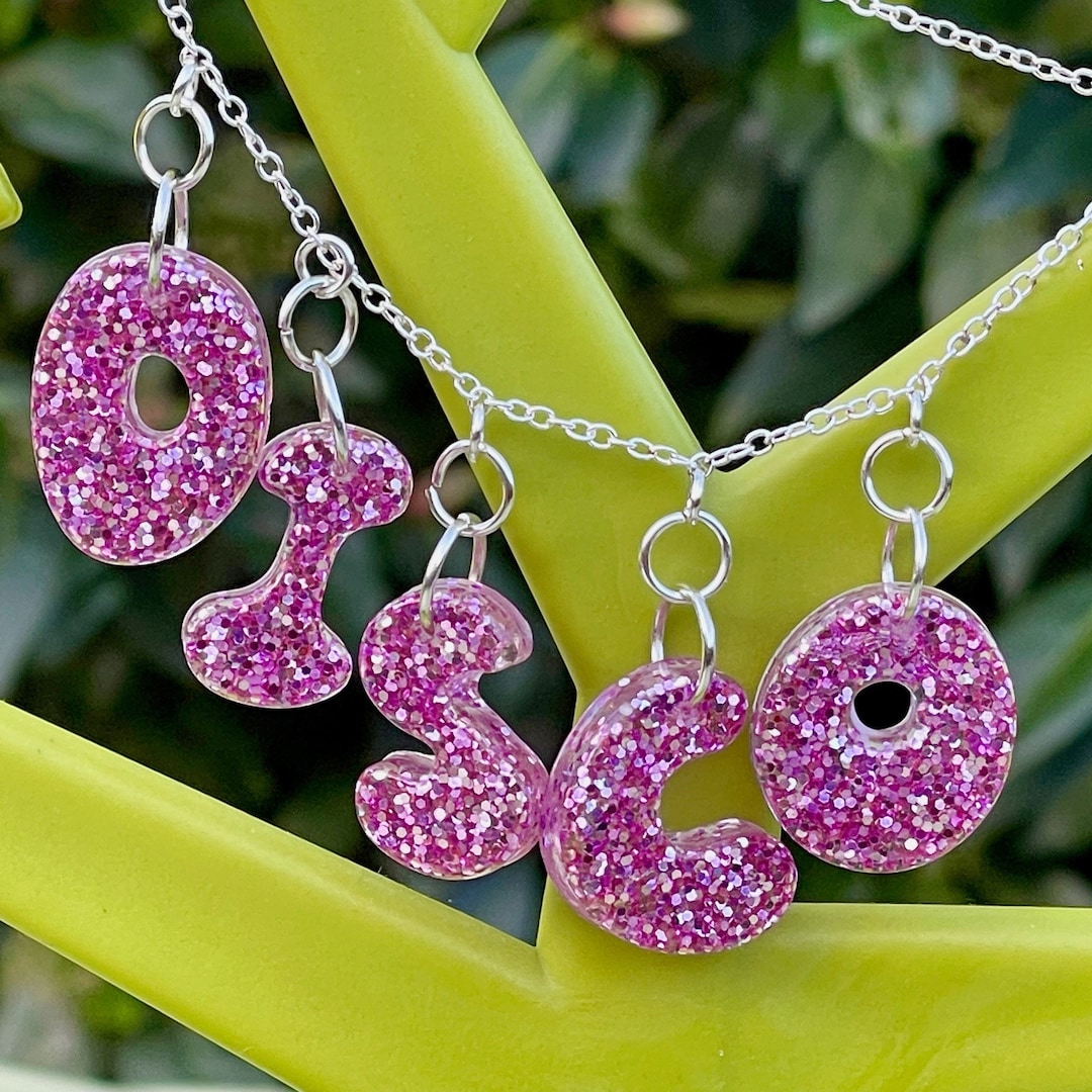 RESIN DISCO NECKLACE Glitter Pink Cute Cool 18 Inch Chain Silver Plate