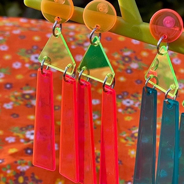 NEON MIRROR EARRINGS perspex cool triangle laser cut several colours pink orange blue kawaii fun cute quirky unusual unique