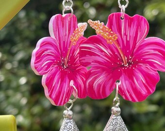 Hibiscus Tassel Earrings Flower Hot Pink Cute Kawaii Gift for Her