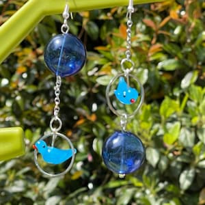 Glass bubble earrings Lamp work blue bird silver plated blown mismatched asymmetrical