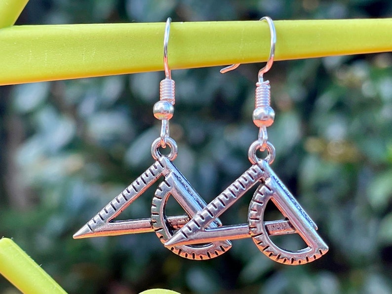 MATH EARRINGS silver plate GEEKDOM set square protractor geometry image 3