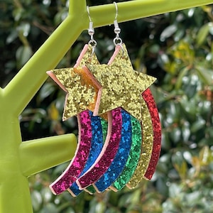 RAINBOW GLITTER EARRINGS faux leather seventies disco kawaii light earrings gift for her cool earrings cute quirky groovy shooting star