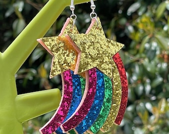 RAINBOW GLITTER EARRINGS faux leather seventies disco kawaii light earrings gift for her cool earrings cute quirky groovy shooting star