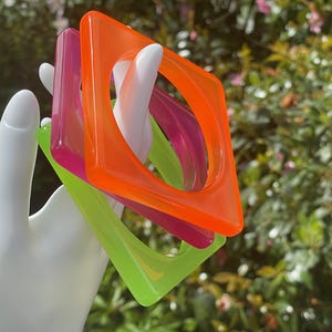 Vintage Neon stacking Bangle set pink green orange square 70's 6.5 cm