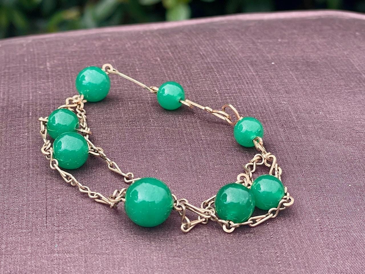 Vintage Style Time 21 Jewels Gold Tone Jade Beaded Bracelet Wind-Up Watch ? ? Circa 1990 main image 2
