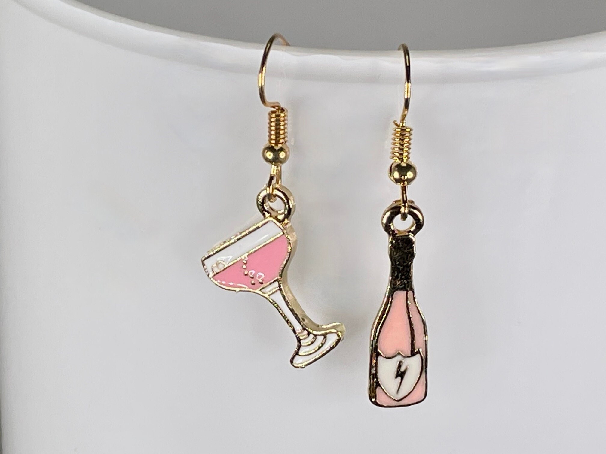 CHAMPAGNE GLASS EARRINGS Bottle and Glass Enamel Mismatched Etsy