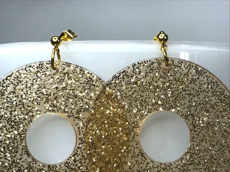 GLITTER CIRCLE EARRINGS disco hoop earrings laser cut acrylic cool earrings quirky earrings gift for her kawaii cute earrings seventies