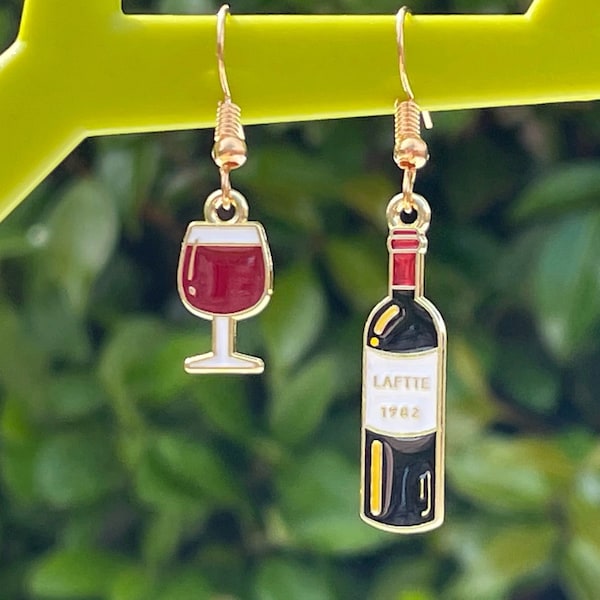 WINE GLASS EARRINGS bottle and glass enamel mismatched fun cool earrings gift for her gold plated pierced ear wire kawaii