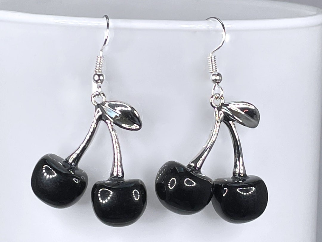 BLACK CHERRY EARRINGS Kawaii Enamelled Cool Punk Goth Gift for Her