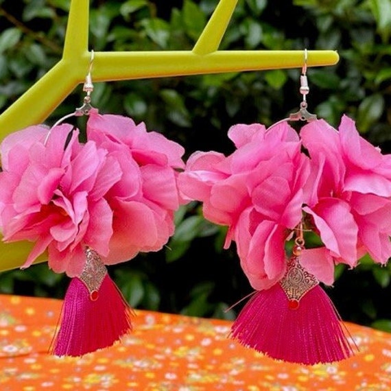 PINK TASSEL EARRINGS Flower Hoops Floral Hoop Hot Pink Neon