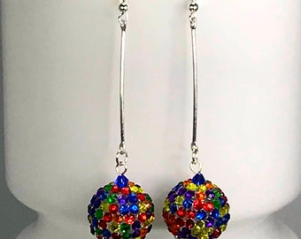 GLITTER BALL Earrings Disco crystal bar drop rainbow kawaii disco seventies retro vintage look funky LARGE nb.