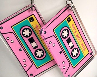 Pink Cassette Tape Dangle Earrings – 80s Vintage Style, Lightweight & Bold For Teens & Women