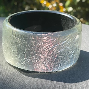 Vintage lucite wide silver foil insert black  Bracelet Bangle 7 cm